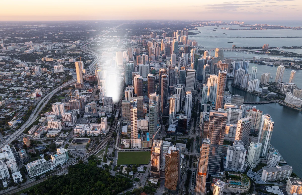 Aerial view of Brickell Miami with 120 Brickell highlighted