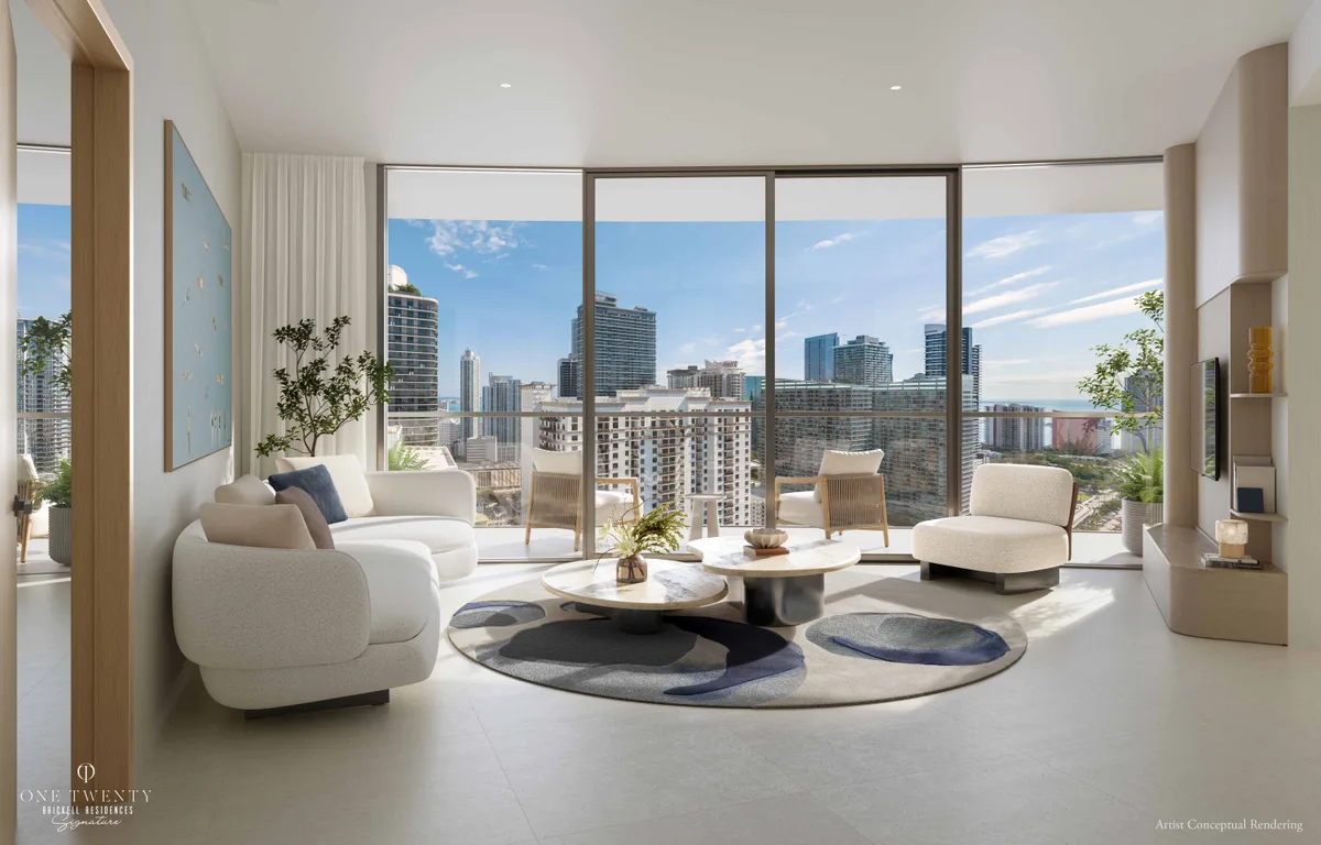 120 Brickell Residences living room with floor-to-ceiling glass and city skyline